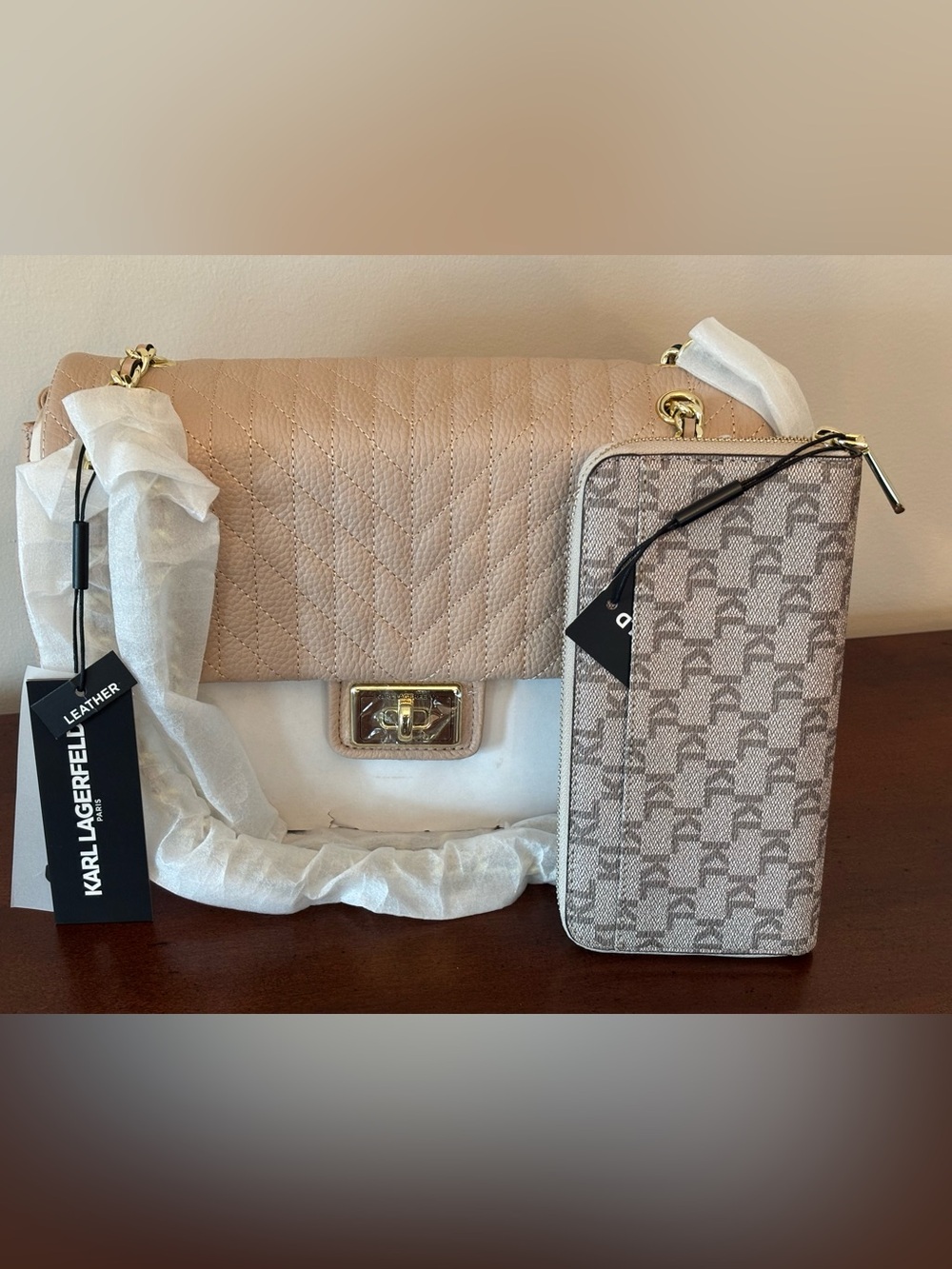 Bundle or 2 Quilted Beige Leather Shoulder Bag with Gold Hardware